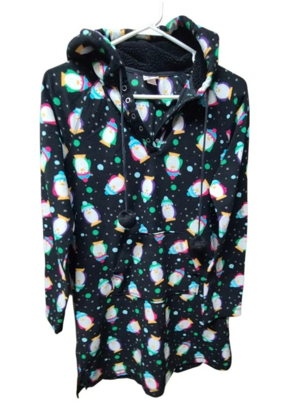 SO Cozy Penguin Fleece Hooded Nightgown Sleepshirt Dress Large